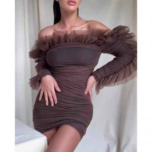 Sexy Mesh Ruffles Brown Casual Bodycon Women Off Shoulder Long Sleeve Party Dress 2021 Nightclub Vintage Femme Mini Robe