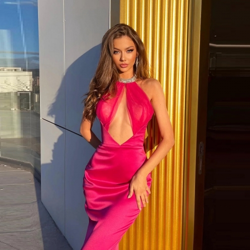 Hot Pink Cutout Rhinestone Bandage Dress