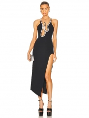 new fashion best-selling sleeveless round neck pullover gauze hot drilling side split bandage dress online wholesale