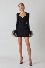 New fashion cuff feather decorative strap dress zipper long sleeve mini party tight dress for women