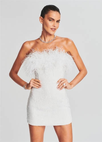 New chic white off-the-shoulder sequined feather mini short dress Miami show style sparkling clothing vestido online wholesale