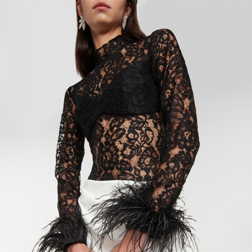 2023 black and white lace color matching cuff feather pleated high slit dress