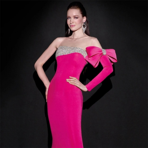 2023 rose red bow sequined splicing one-shoulder tight sexy bandage dress