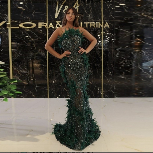 Green Feathers Sequin Sheath Floor Length Dress