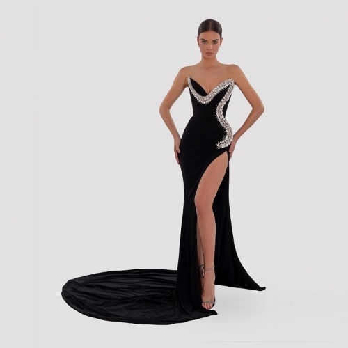 Women Sleeveless Hot Fix Rhinestone Black Velvet Long Dress
