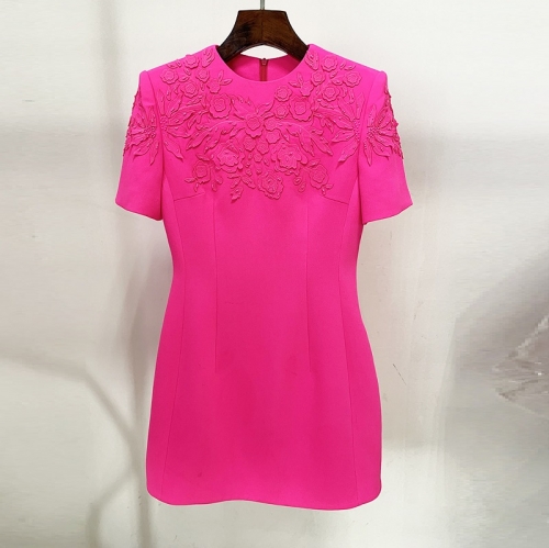 Women Embroidered Beaded Short Sleeve Rose Red Dress