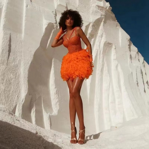 Women Spaghetti Strap Sequin Feathers Orange Dress