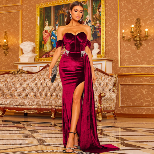 Luxury Hot Fix Rhinestone Velvet Off The Shoulder Red Maxi Dress