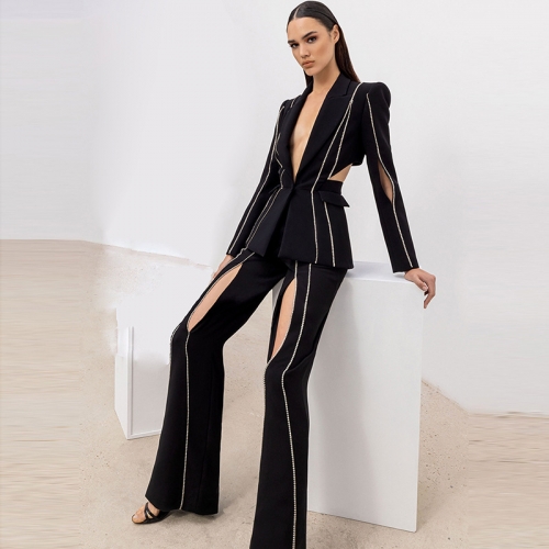 Fashion Women Embellished Rhinestone Black Suit Two Piece Sets