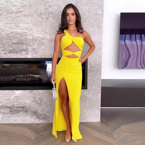 Women Sleeveless Slash Neck Mesh Yellow Long Dress