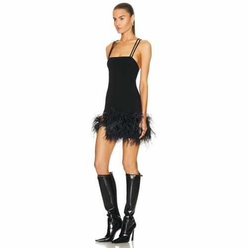 Women Feathers Spaghetti Strap Black Bandage Dress