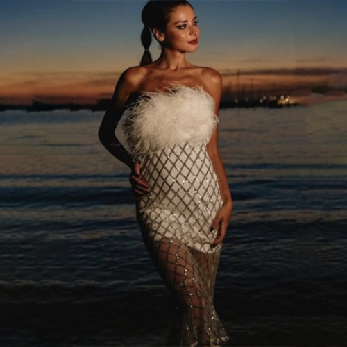 New Design White Feathers Sequin Zipper Long Dress