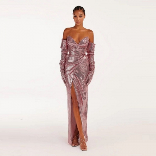 Luxury Women Sequin Back Tether Pink Maxi Dress