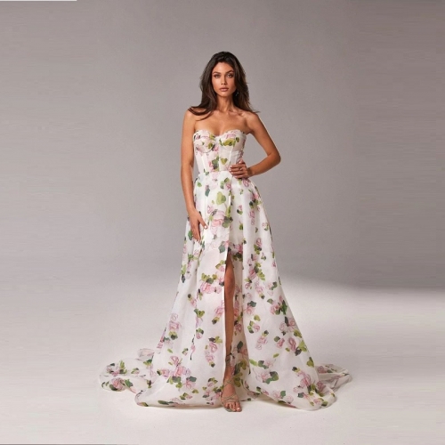 High Quality Strapless Back Tether Print Side Split Long Dress