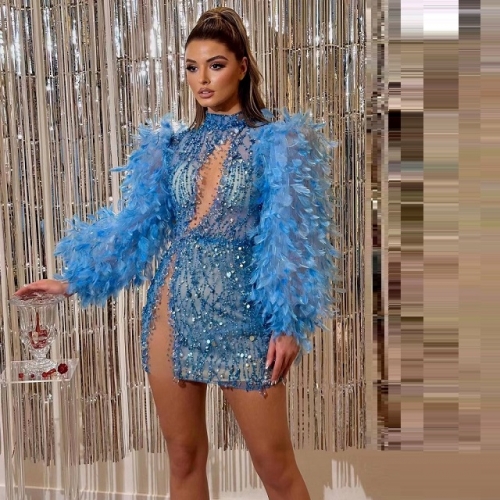 Luxury Long-Sleeved Evening Gown Dress Stylish Feathered Cut-out Slim Sequined Skinny Blue Mini Party Dress