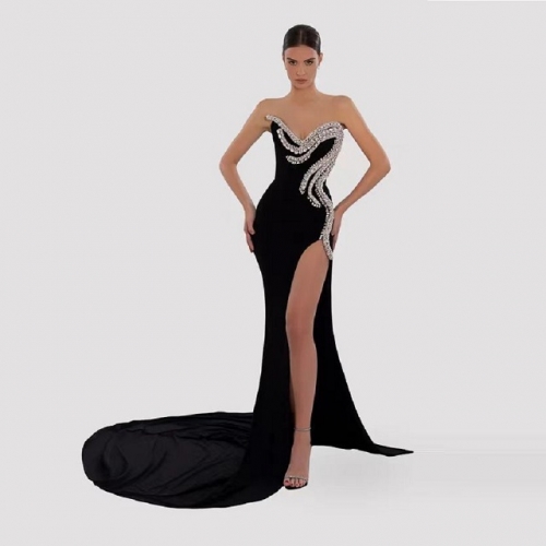 Women Sexy Backless High Slit Maxi Dress Fashion Diamond Evening Dress Women Sexy Black Off-shoulder Dress Women Party Dress