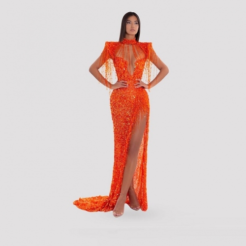 Women Sexy Backless High Slit Maxi Sequin Dress Sequin Beading Evening Dress Women Sexy Orange Cut-out Dress