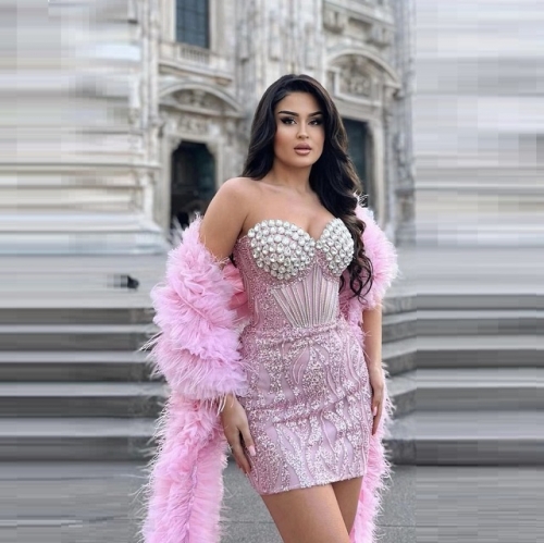 Luxury Rhinestone Sequin Slim Sleeveless Party Dress Women Bandeau Pink Mini Dress&Fashionable Shawl Feathers Night Club Dress