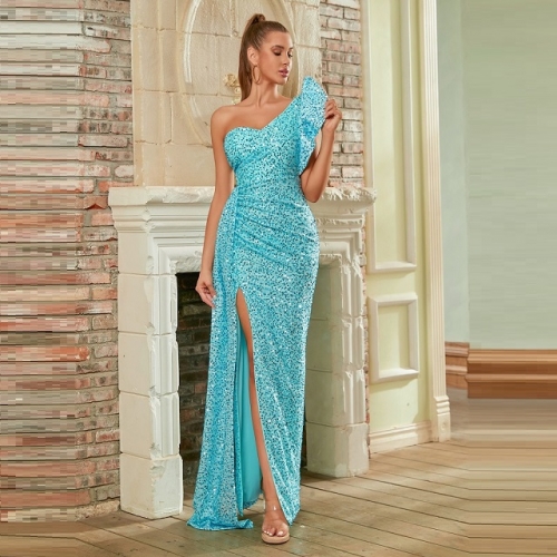 Charming One-shoulder Solid Sequins Long Dress Sexy Backless High Slit Slim Maxi Dress Party Club Dress