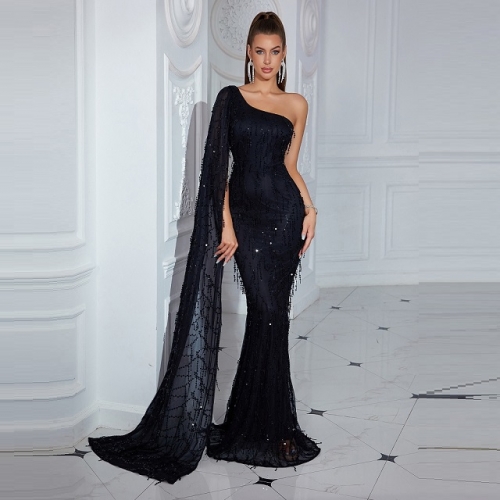Charming One-shoulder Solid Sequins Shawl Long Dress Sexy Backless Slim Maxi Dress Party Club Dress