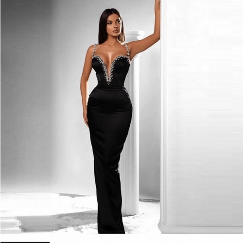 Newest Stylish Women Diamonds Beads Dress Elegant Halterneck Sleeveless Maxi Dress Party Club Ladies Dress