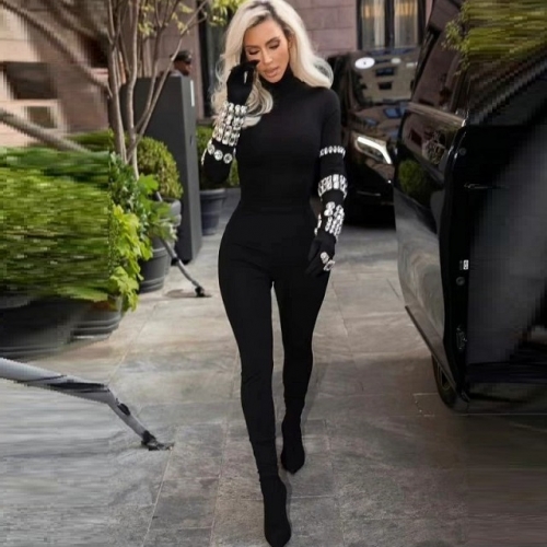 New Women Black High-neck Long Sleeves Bandage Jumpsuits Fashion Nail Beads Diamonds Jumpsuits Casual Street Wear