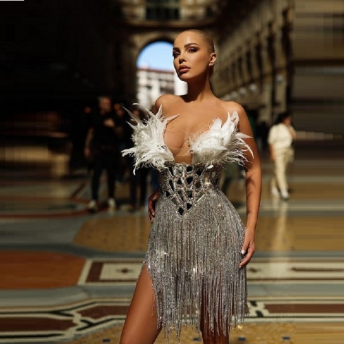 Fashion Sexy Mirrored Glass Embellished 3D Feathers Diamond Chain Tassel Dress Fashion Hip Wrapping Party Club Dress