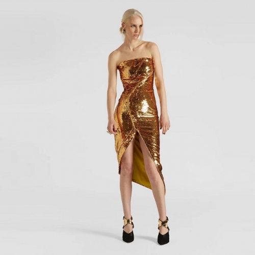 Sexy Gold Off-shoulder Strapless Sleeveless Slim Slit Sequins Mini Dress Luxury Women Party Club Street Wear