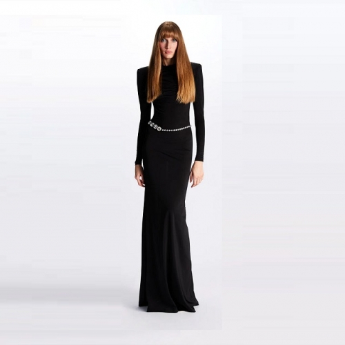 New Style Sexy Black O-neck Long Sleeves Backless Diamonds Belt Maxi Bandage  Dress Fashion Party Club Street Women Clothing