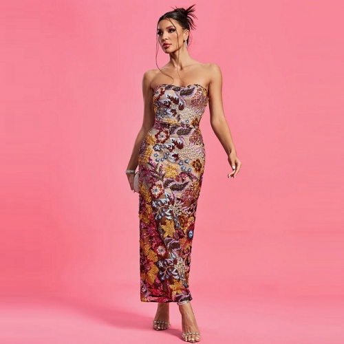 Elegant Printed Slim Off-shoulder sleeveless Skinny See-through Backless Maxi Wrap-hip Dress Fashion Party Club Street Clothing