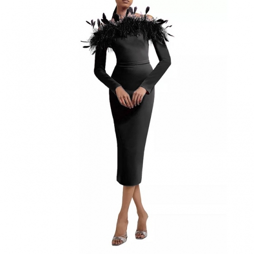 2024 New Style Off-shoulder Long Sleeves Slash Neck Black Feathers Mid Bandage Dress Fashion Party Club Street Ladies Clothing