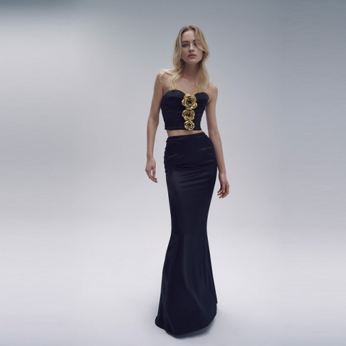 New Elegant Off- shoulder Backless 3D Gold Flowers Tops + Bandage Dress 2 Pieces Set Ladies Evening Party Club Luxury Dress