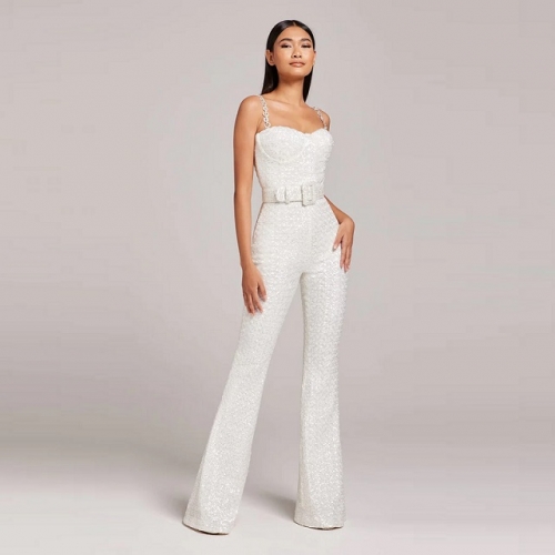 2024 New Sexy White Spaghetti Strap V-Neck Sleeveless Backless Belt Sequins Jumpsuits Fashion Party Club Street Ladies Clothing