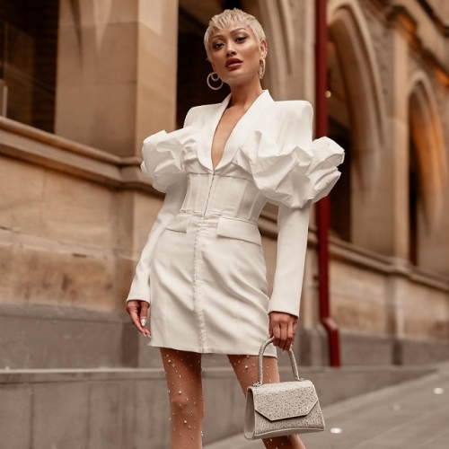 2024 New Sexy Elegant Low V-Neck Long Sleeves Blazer Mini Girdle Dress Fashion Party Club Street Ladies Clothing