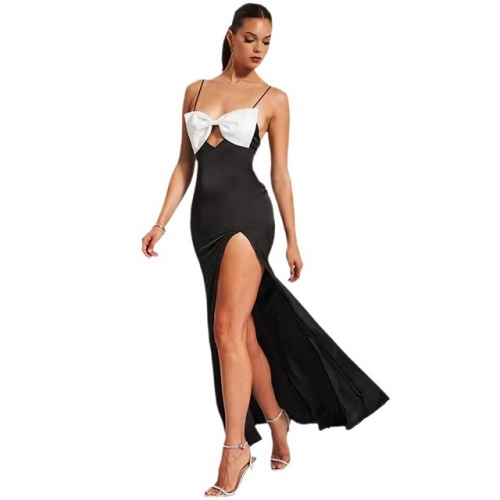 2024 New Luxury Spaghetti Strap Sleeveless High Slit Cut-out Bow Bandage Dress Fashion Party Club Street Ladies Clothing