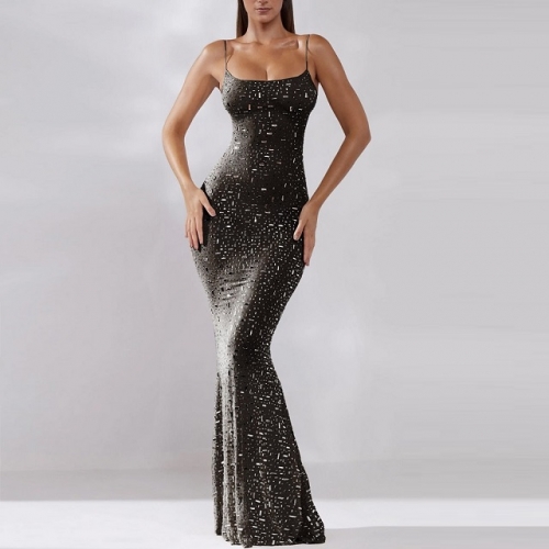 2024 New Sexy Diamonds Spaghetti Strap Sleeveless Mesh Patchwork See-through Dress Fashion Party Club Street Ladies Clothing