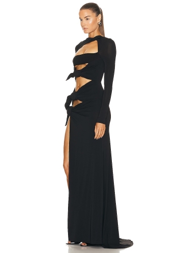 2024 New Black Bow Tie Long Sleeve Skinny Slit Dress