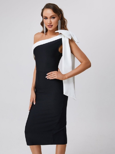 2024 New Black And White One-Shoulder Bow Bandage Dress
