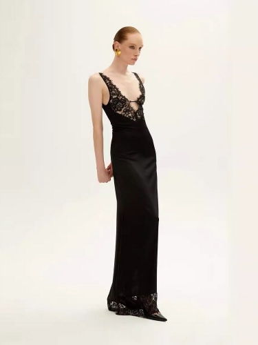 2024 Summer Women's New Elegant Sleeveless Lace Stitching Bandage Long Women's Dress