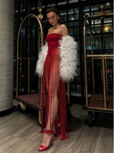 2024 New Red Temperament Tassel Off-shoulder Slim Bandage Dress