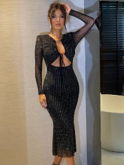 2024 New Black Sexy Rhinestone Openwork Slim Dress