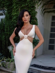 2024 New White Fashion Sexy Hanging Three-dimensional Flower Slim Design Bandage Dress