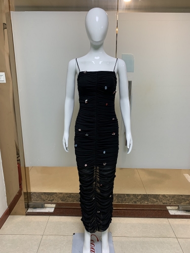 2024 New Black Diamond-encrusted Sexy Sling Bandage Dress With Split Back