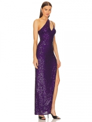 2024 New Purple Sexy Sequins Slanting Shoulder Backless Slim Split Irregular Dress