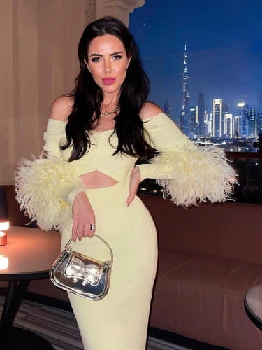 2024 New Summer Yellow High-end Long-sleeved Feather V-neck Design Fashion Dress