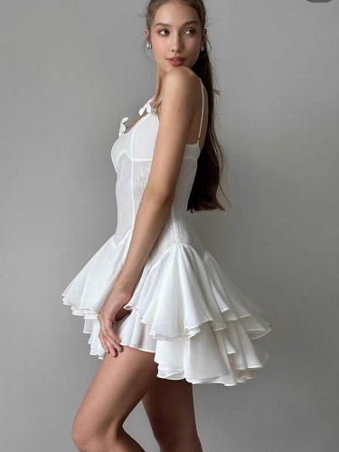 2024 New Fashion Design Of New White Slim Perspective Sexy Sling Ruffled Skirt Dress