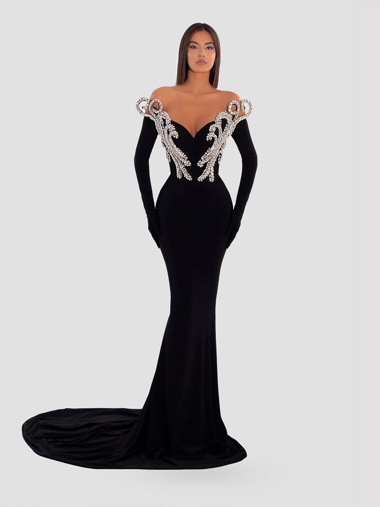 2024 New Black Sexy Off-shoulder Diamond-encrusted Three-dimensional Decorative Dress With Gloves Is Fashionable In Design.