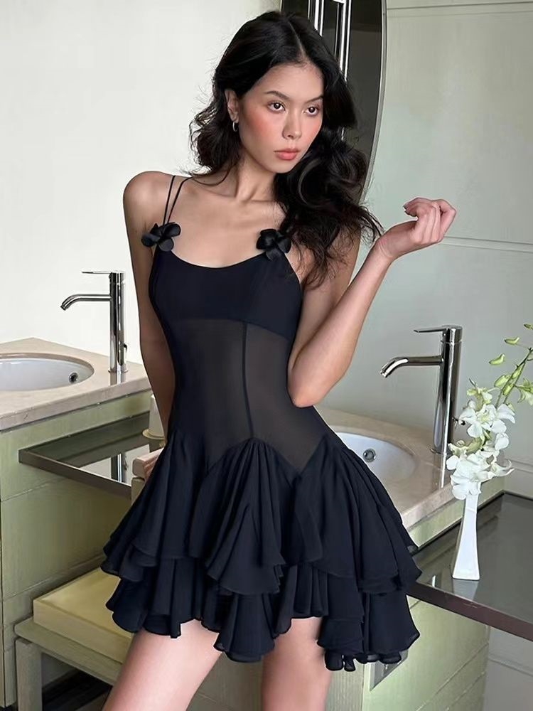 2024 New Fashion Design Of New Black Slim Perspective Sexy Sling Ruffled Skirt Dress