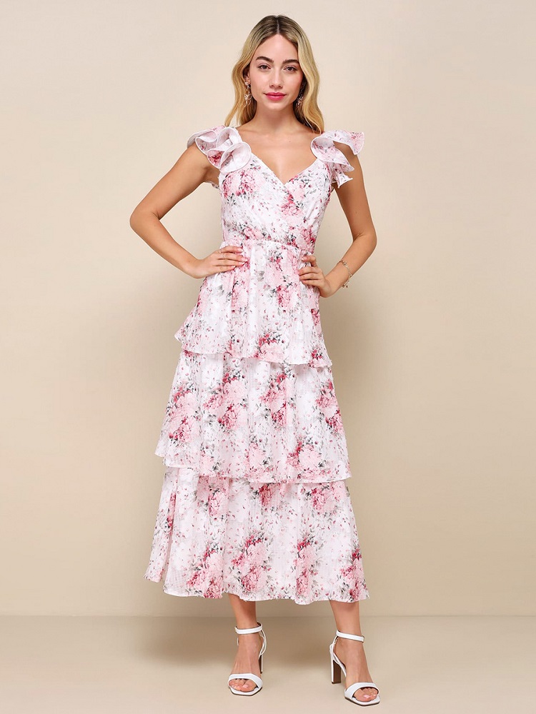 2024 New Summer Sexy Printed V-neck Backless Cake Dress Slim Dress