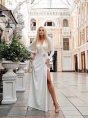 2024 New Summer White Long-sleeved Pleated Hollow V-neck Cross Dress Cross-border Metal Women's French Dress